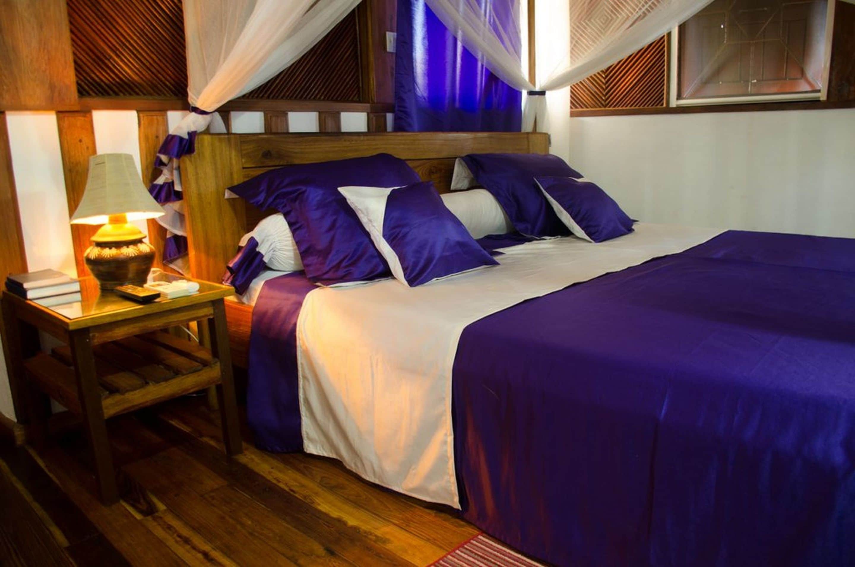 A bedroom with a wooden headboard, a bed with purple bedding, a nightstand with a lamp, and a window with a view.