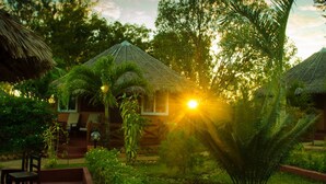 A wooden cabin with a thatched roof, surrounded by lush greenery and a garden. - Edena Kely (Mahajanga)