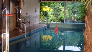 An indoor swimming pool with clear glass walls, a metal ladder, and a view of greenery outside. - Landhaus Lichthof (Lohmar)