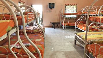 A dormitory room with bunk beds, a television, and a window with curtains.