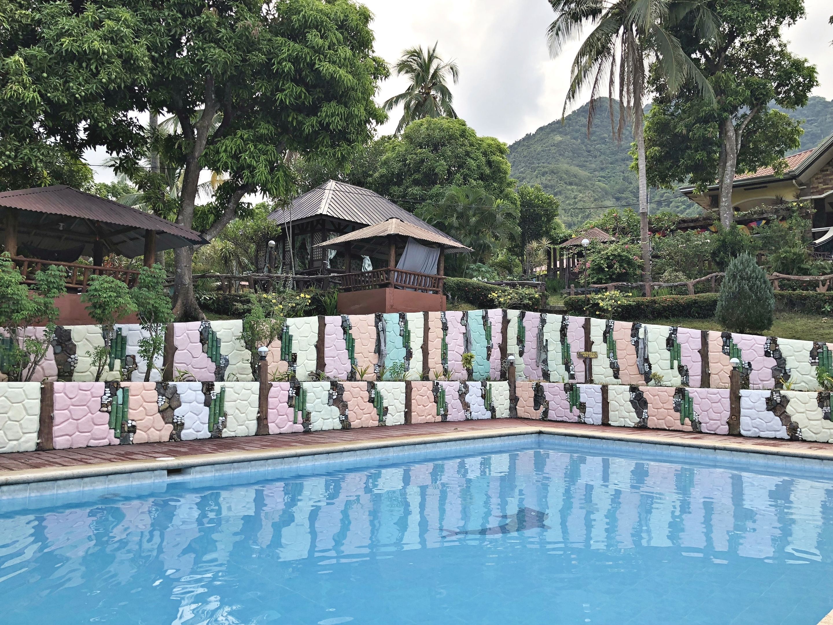A swimming pool with a colorful wall, surrounded by lush greenery and a mountainous backdrop.