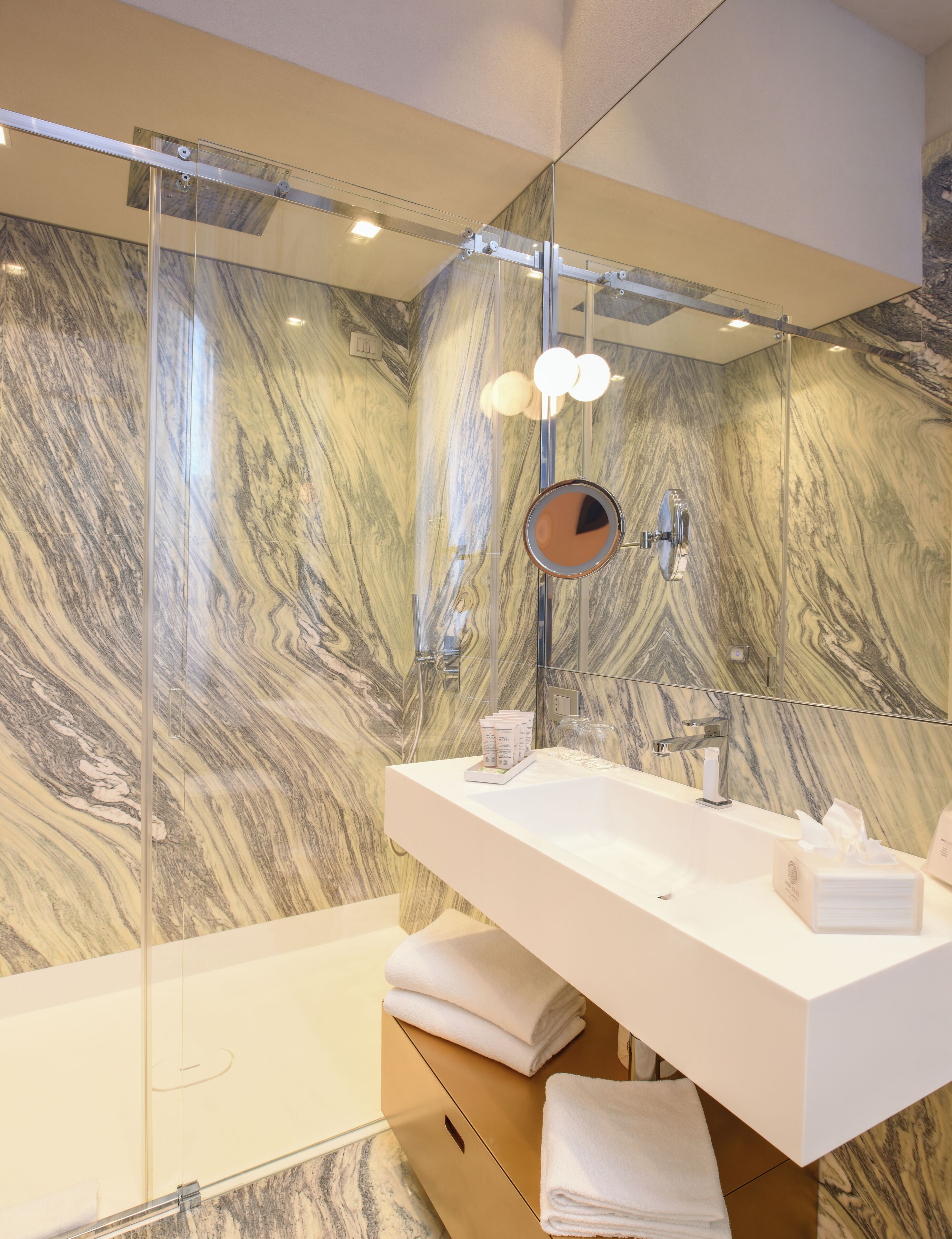 shower, rainfall showerhead, hair dryer, bathrobes