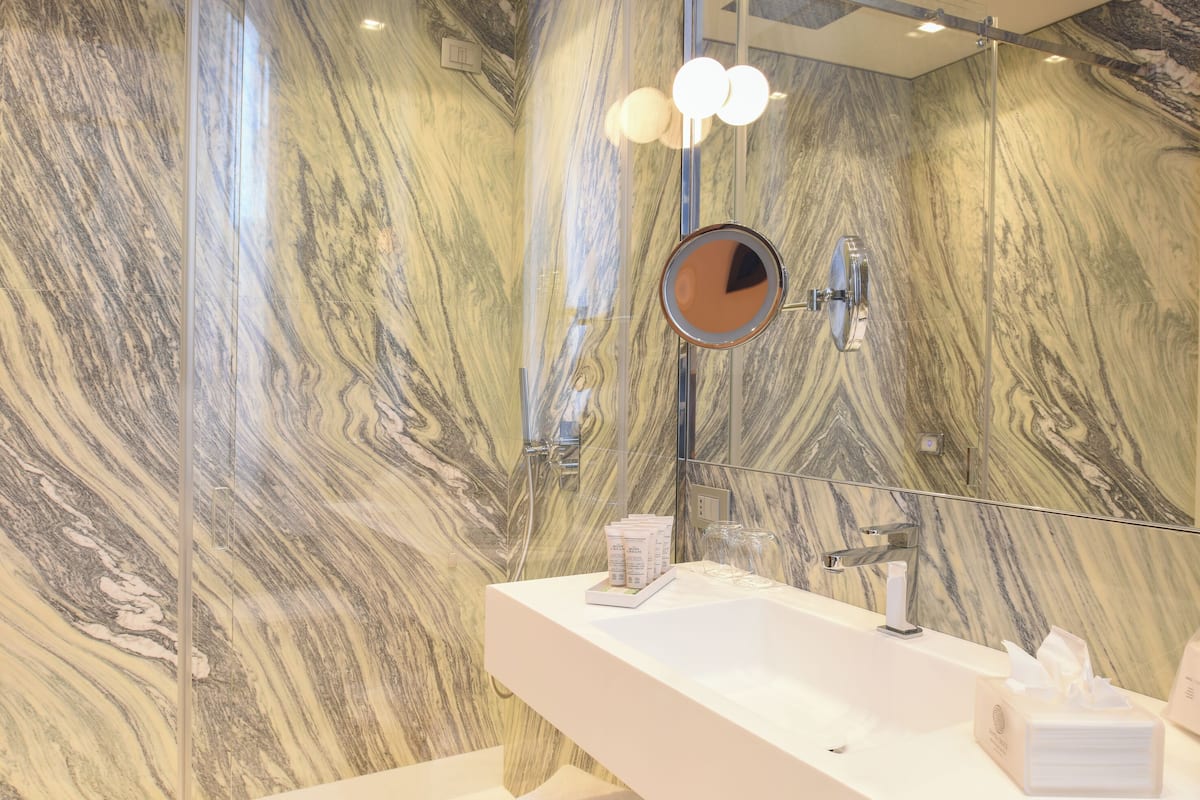 shower, rainfall showerhead, hair dryer, bathrobes