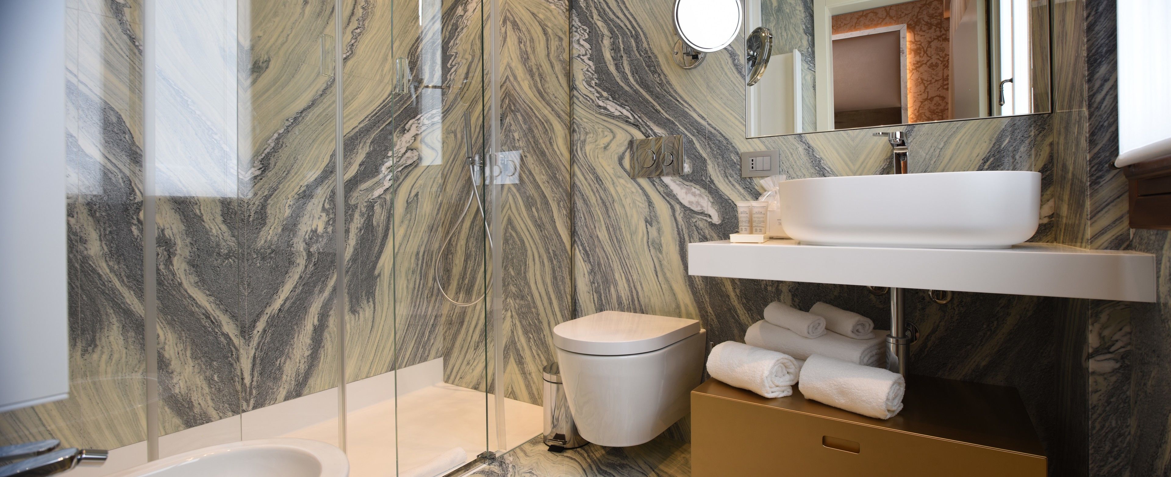 shower, rainfall showerhead, hair dryer, bathrobes