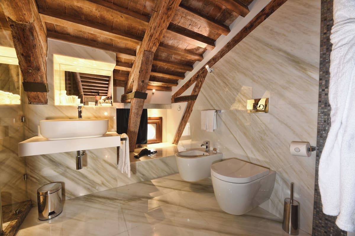 shower, rainfall showerhead, hair dryer, bathrobes