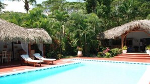 Una piscina con sillas de descanso, rodeada de estructuras con techo de paja y abundante vegetación.