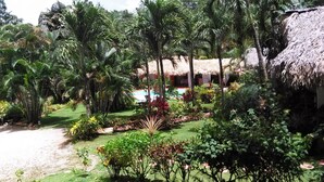 Un jardín tropical con piscina, palmeras y estructuras de techo de paja.