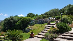 Ein Garten mit Steintreppen, einer Palme und verschiedenen Sträuchern und Blumen.