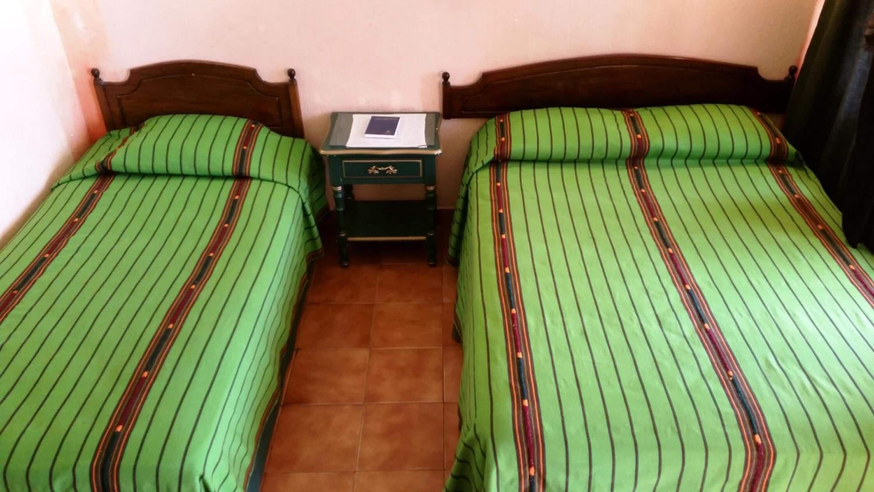 A room with two single beds, each with green striped bedding and wooden headboards. There is a small bedside table with a lamp and a book on it.