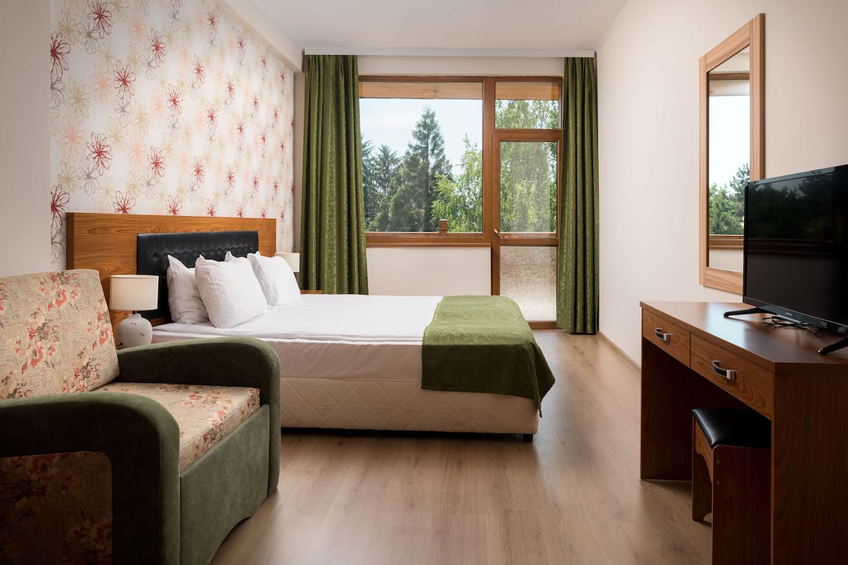 A hotel room with a bed, a desk, a chair, and a television.