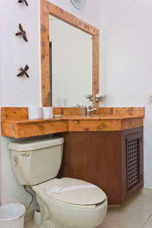 A bathroom with a toilet, a wooden vanity, a mirror, and toilet paper on the counter. - Playakaan by RentingPlaya (Playa del Carmen)