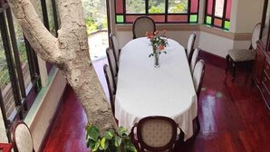 A dining area with a white table, chairs, and a potted plant. - Aurora Express (Guatemala City)