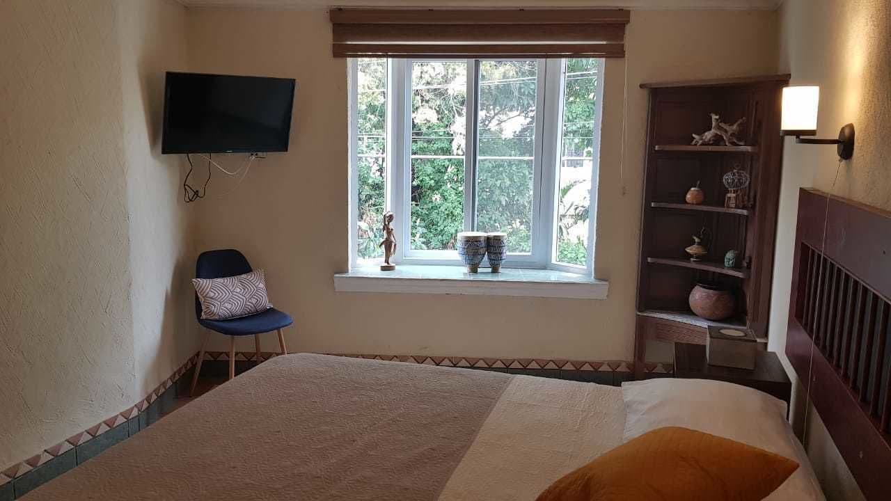 Un dormitorio con cama, una silla, televisión, ventana y vista a zonas verdes, además de un estante con adornos.