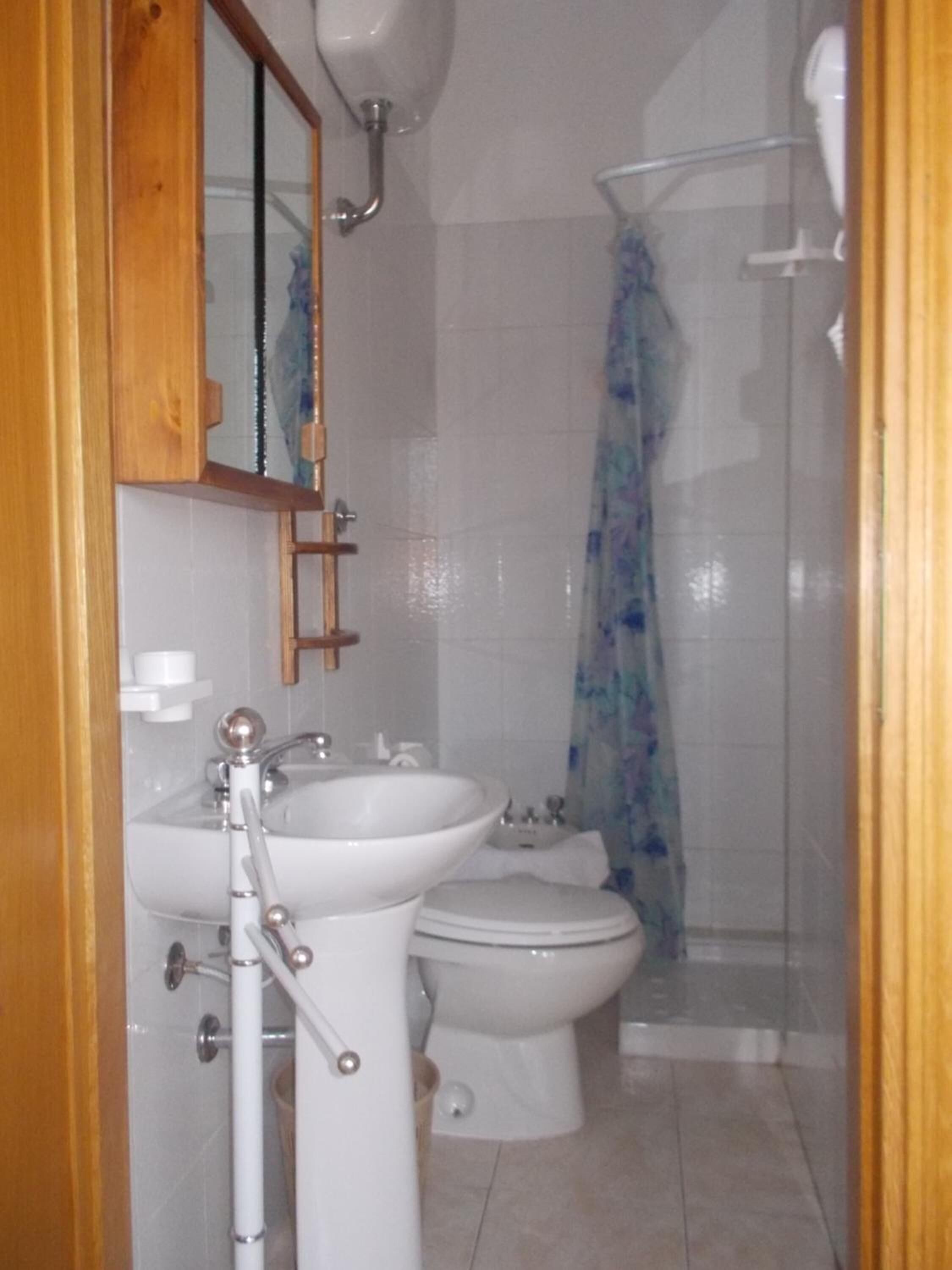 Een badkamer met een wastafel, toilet en douche.