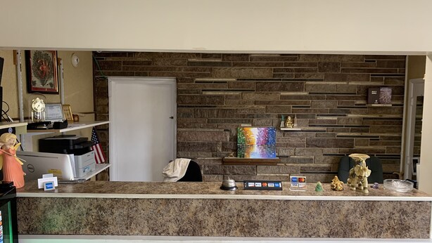 Una recepción con un fondo de pared de piedra, un cuadro enmarcado y varios objetos decorativos.