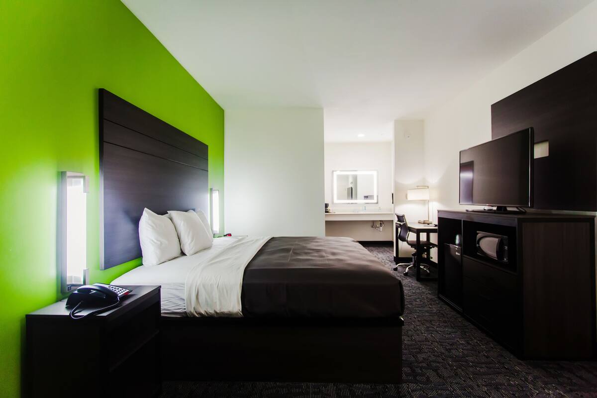 Habitación de hotel con cama, mesita de noche con teléfono, escritorio, silla, televisión y espejo.