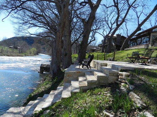 Scenic riverfront home on quiet stretch of Guadalupe - waterfall by front porch