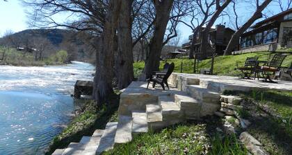 Scenic riverfront home on quiet stretch of Guadalupe - waterfall by front porch