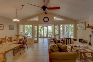 Smart TV, fireplace, DVD player, books