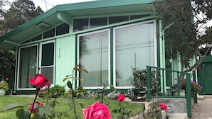 Une maison verte avec de grandes fenêtres et un jardin où poussent des rosiers.