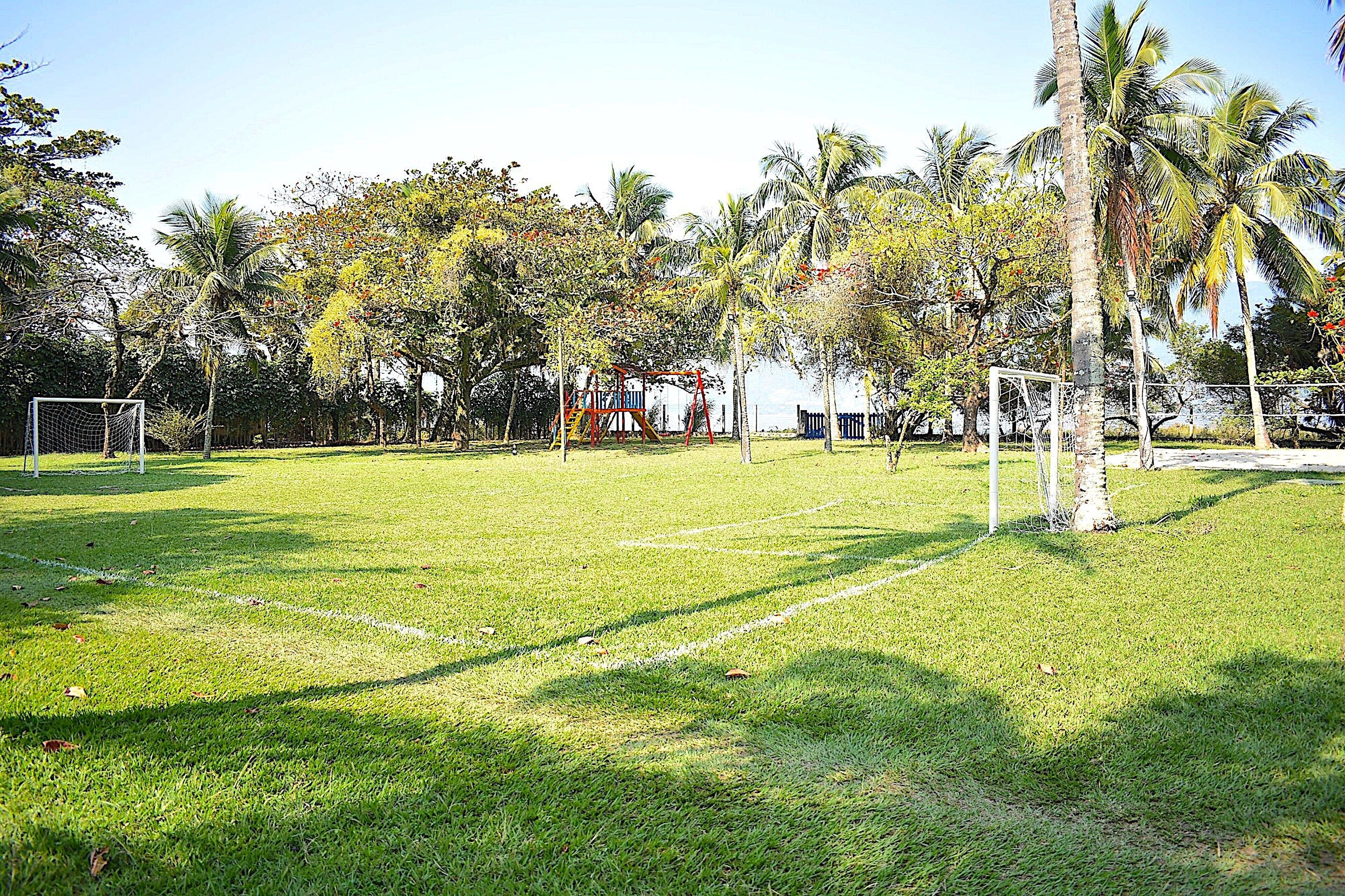 A grassy field with a playground, palm trees, and a soccer goal.