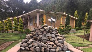 A stone hot tub with steps leading into it, surrounded by a stone wall and a small garden area with trees and a building in the background.
