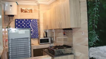 Full-size fridge, microwave, cookware/dishes/utensils