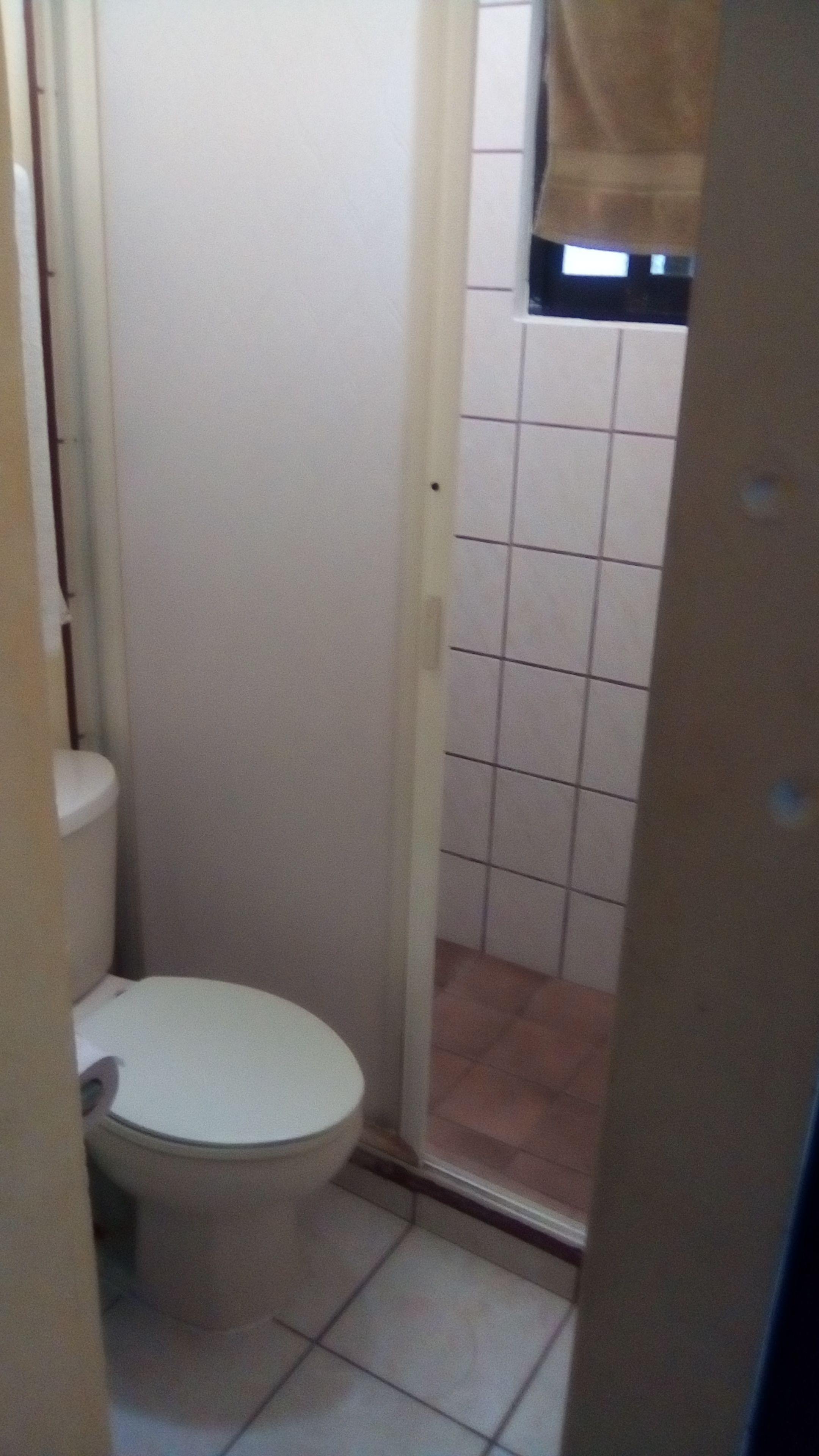 Un bany petit amb vàter i zona de dutxa.