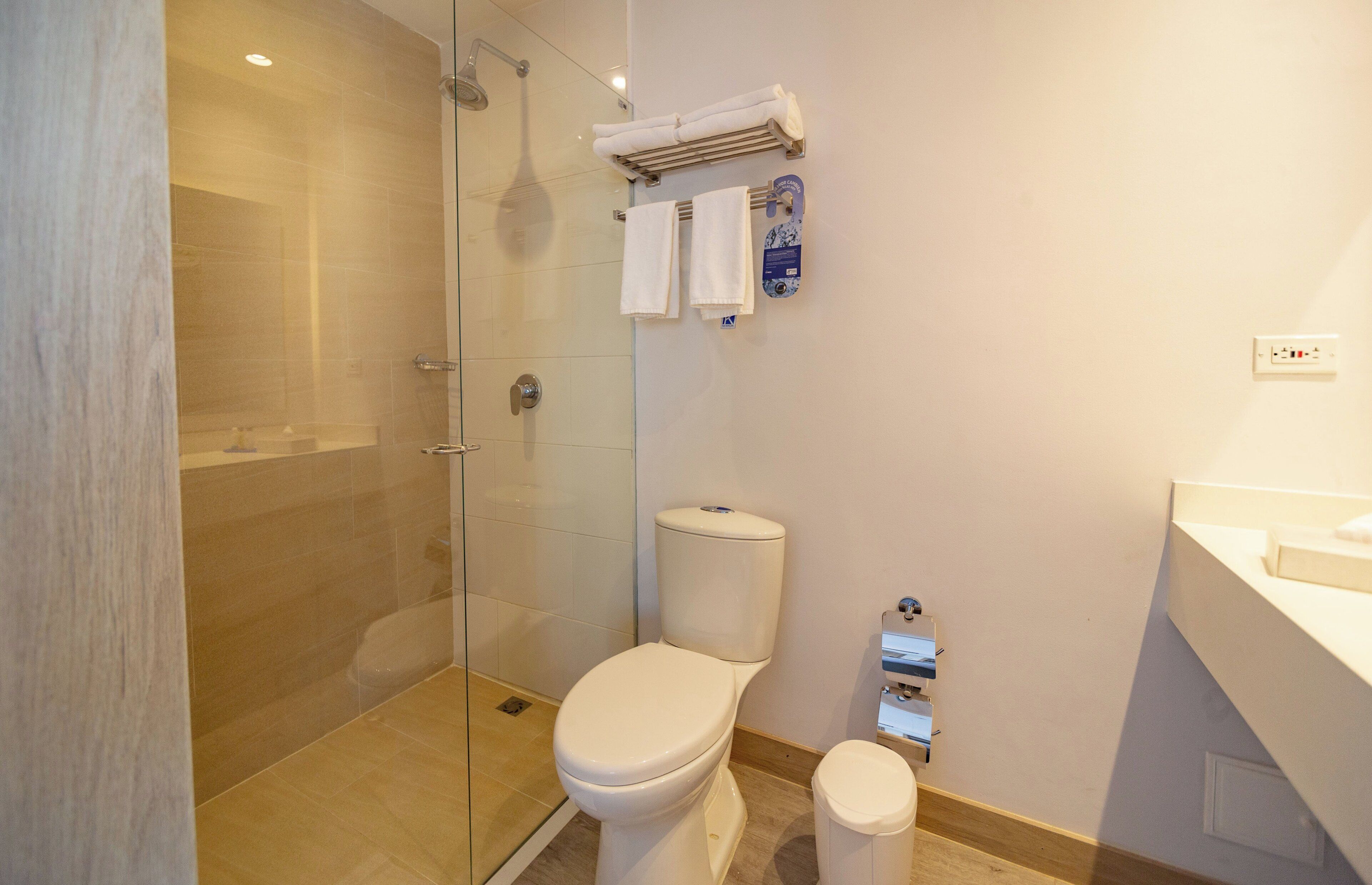 Une salle de bain moderne avec une douche à parois de verre, des toilettes et un lavabo surmonté d’un porte-serviettes.
