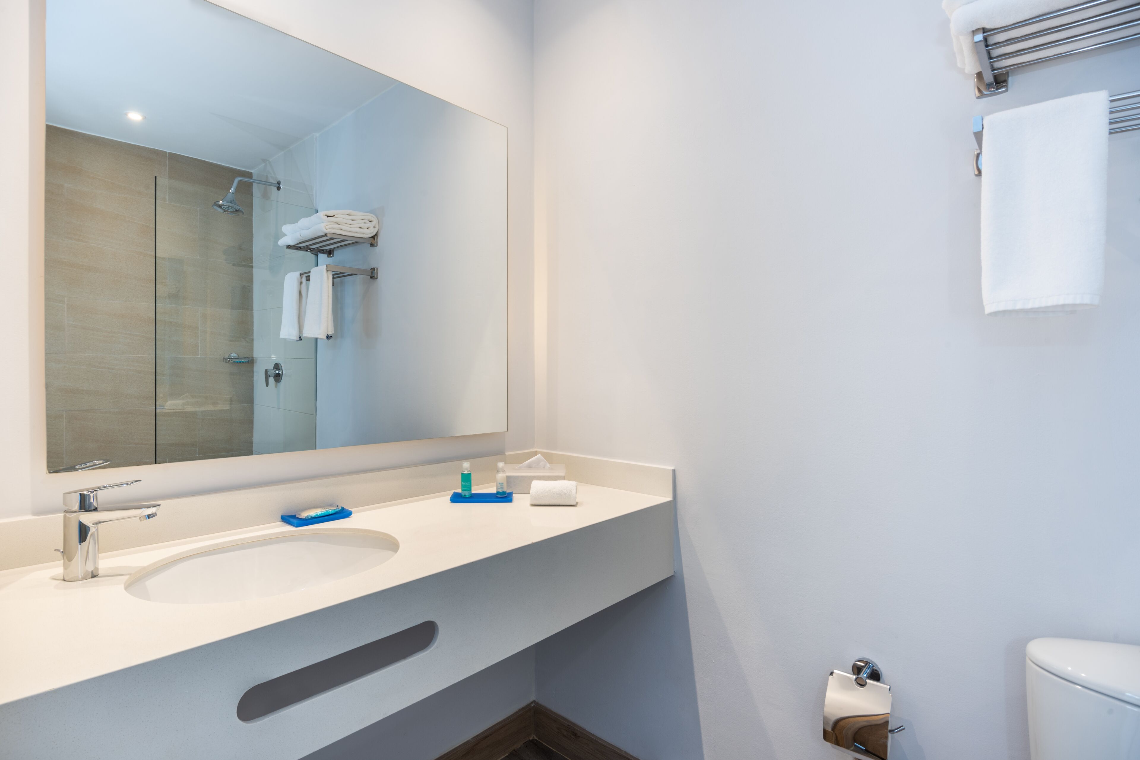Shower, rainfall showerhead, free toiletries, hair dryer