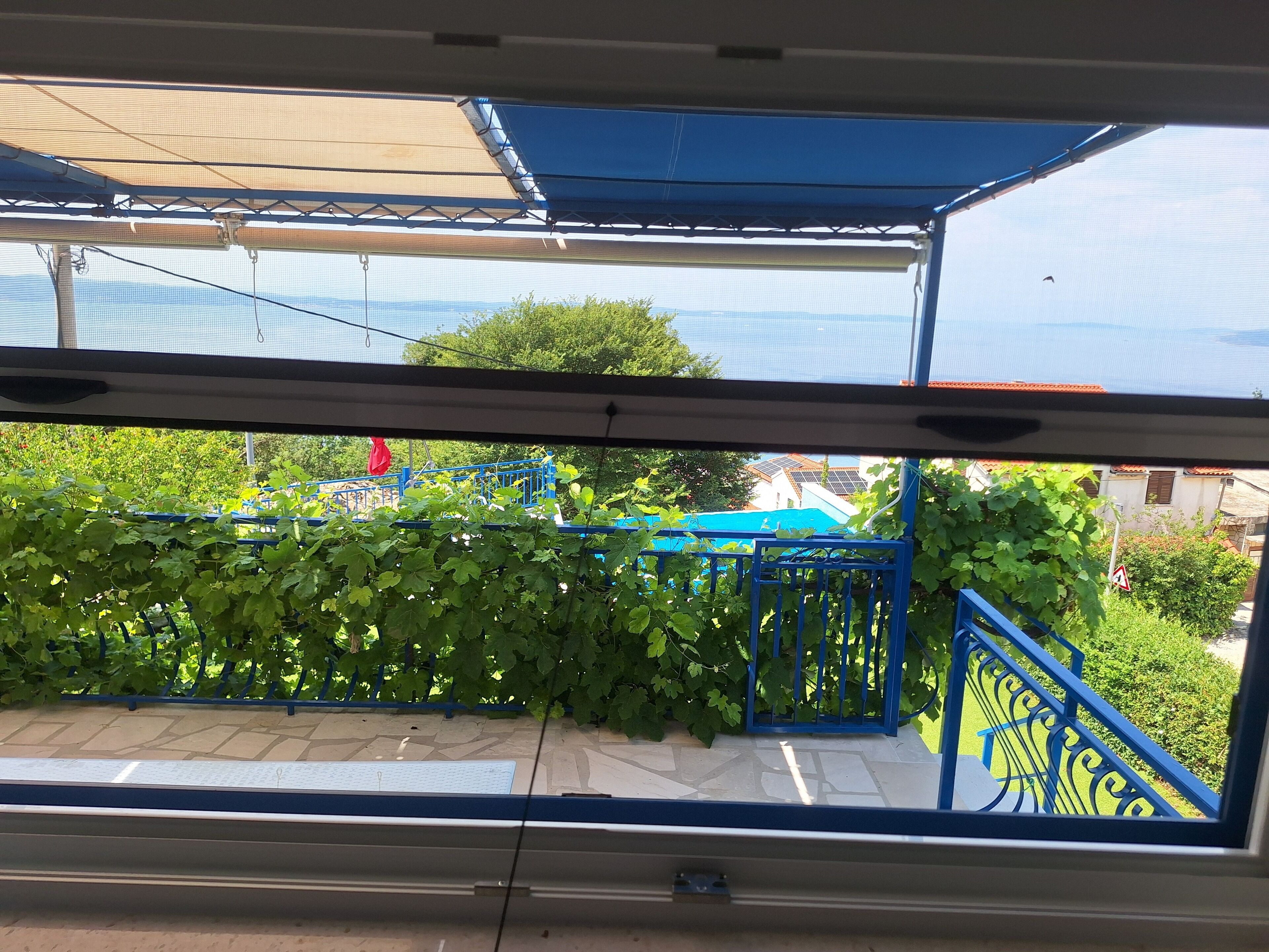 A view through a window of a balcony with a blue railing, a covered area with a mesh roof, and a green hedge in the background.