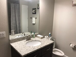 Ensemble douche/baignoire, sèche-cheveux, serviettes fournies, savon