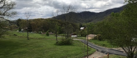 Paisaje rural con camino, campos cubiertos de hierba y edificios dispersos.