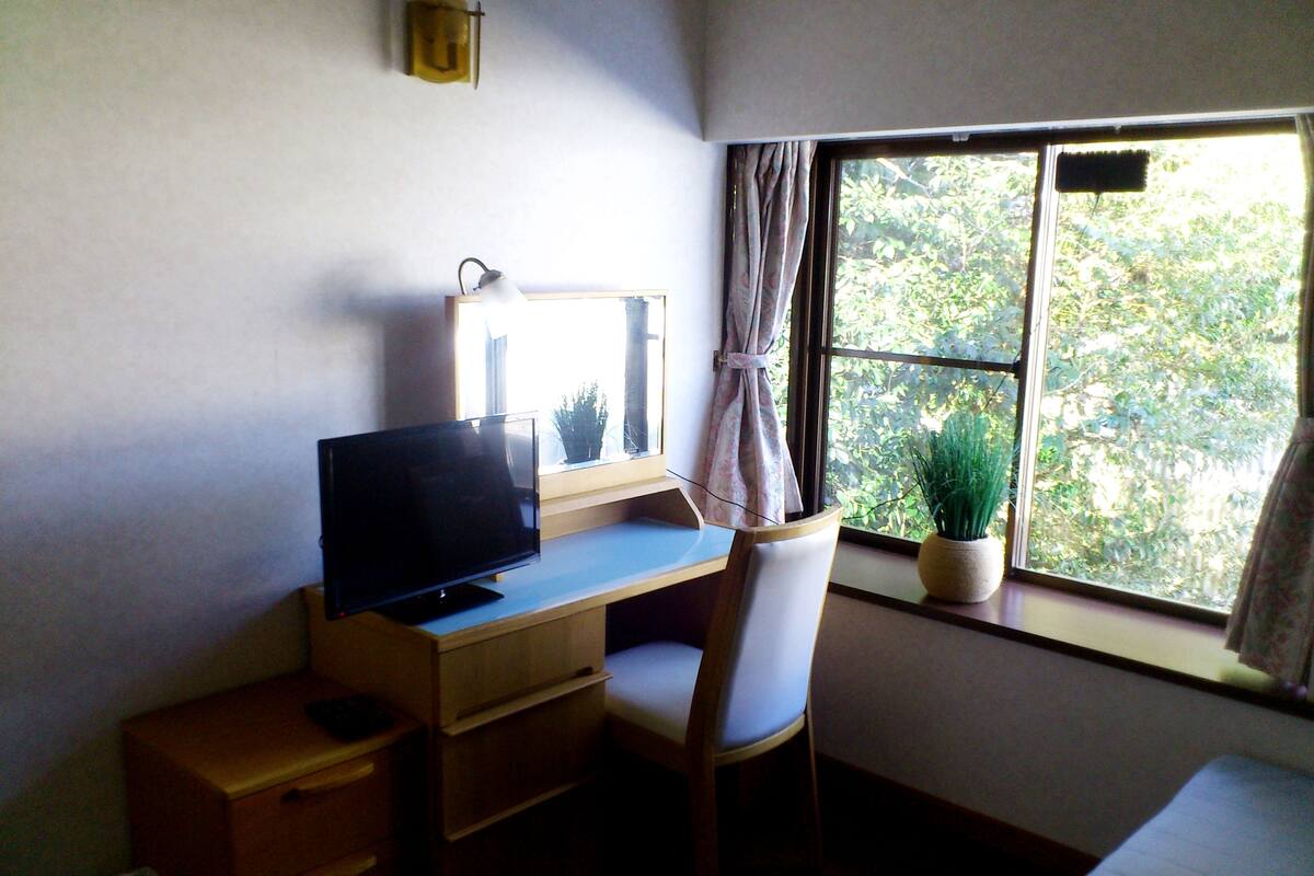 Une petite pièce comprenant un bureau, une chaise, un téléviseur, une fenêtre avec des rideaux et une plante en pot.