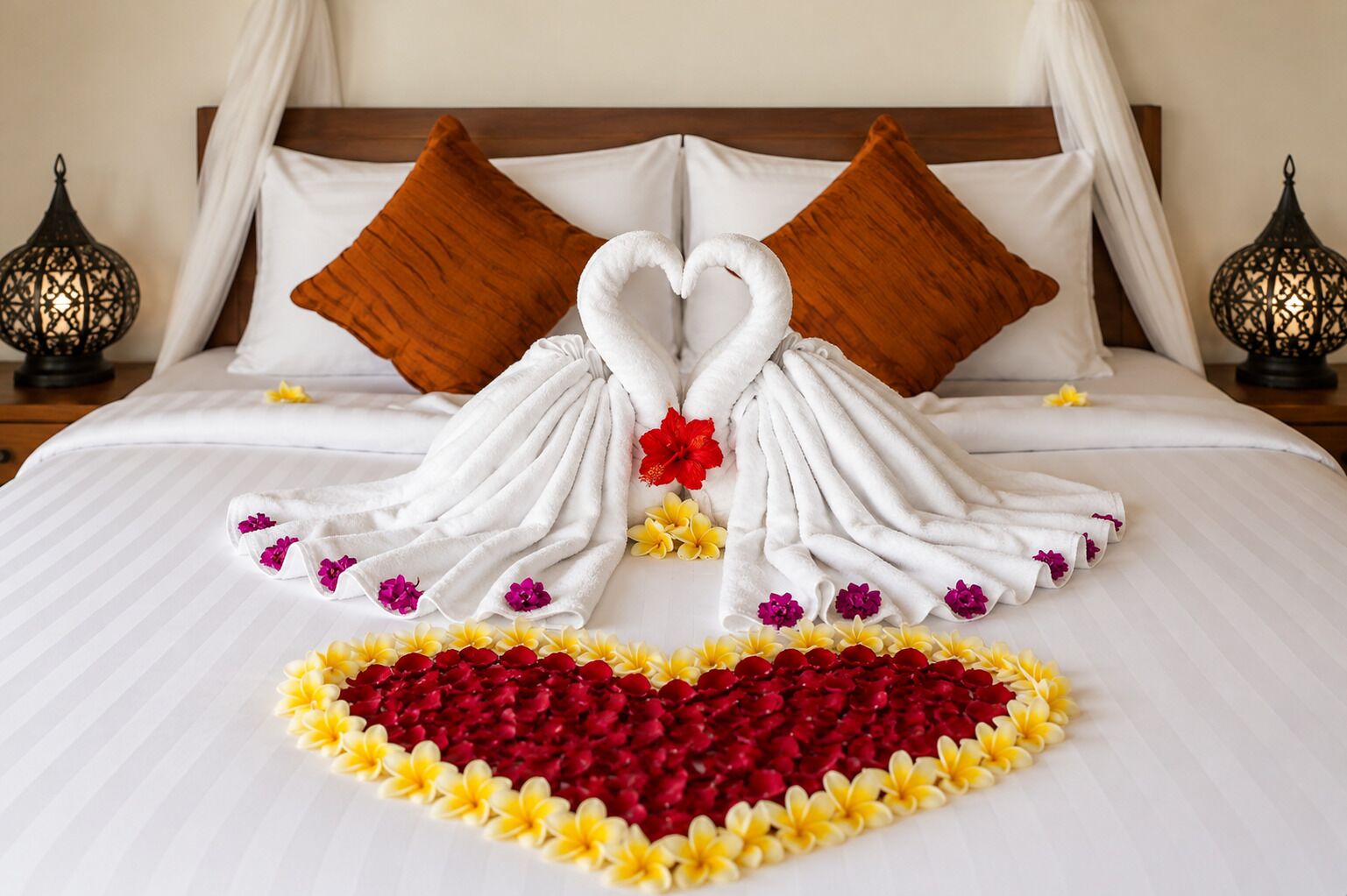 Una cama con un arreglo de flores y toallas con forma de corazón.