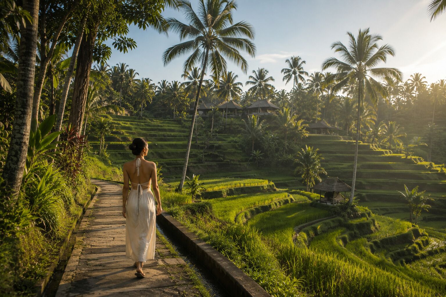 A pathway leading through terraced fields with palm trees, a person walking, and a structure in the distance.