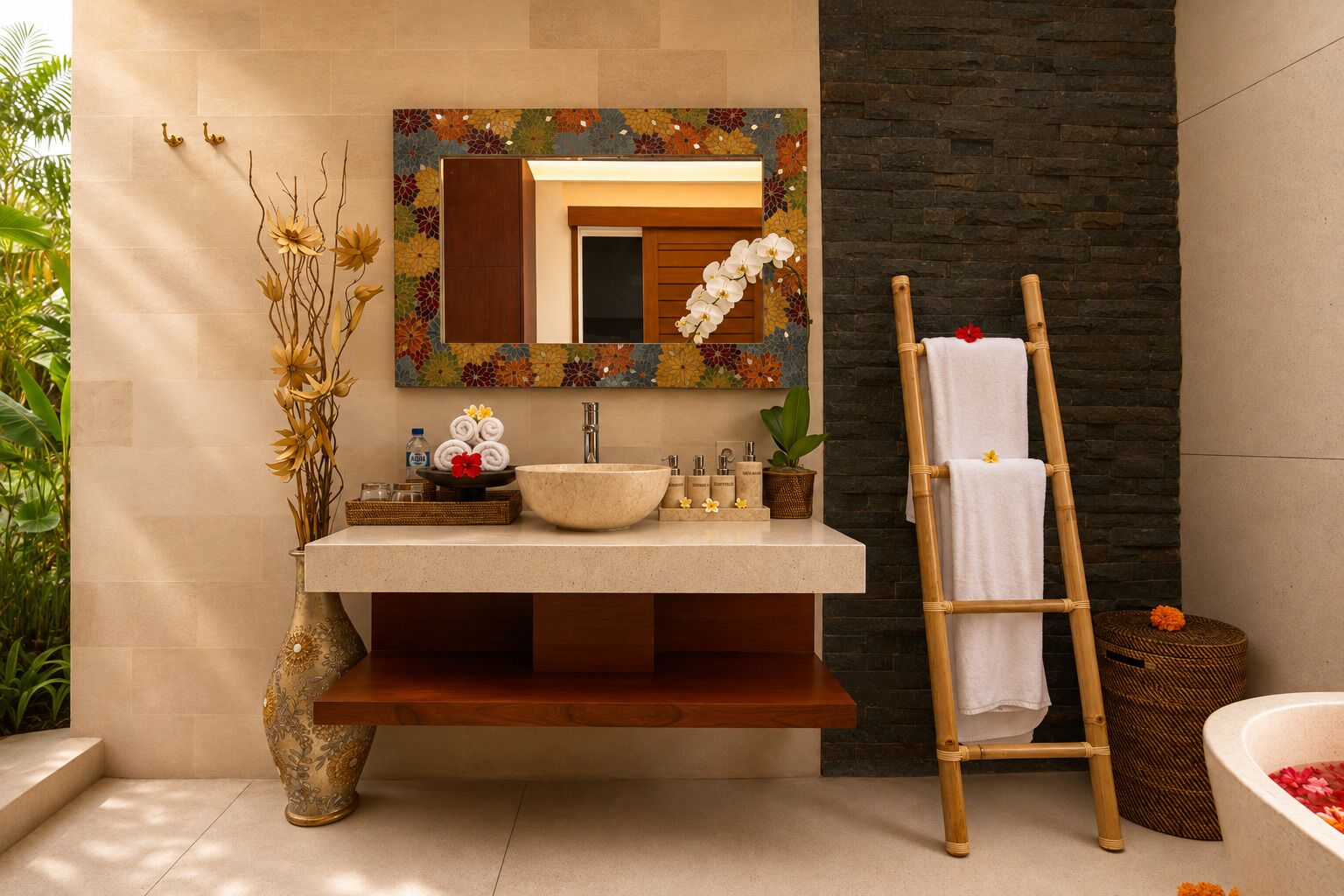 A bathroom with a wooden vanity, a large mirror, and a bamboo ladder.