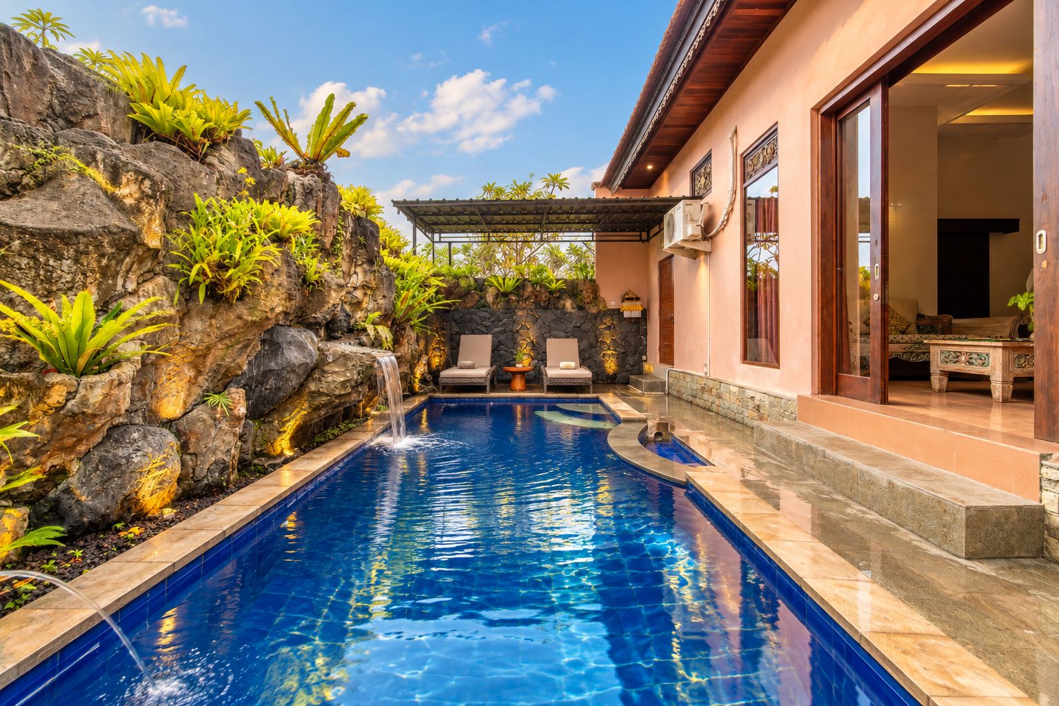 A swimming pool with a waterfall feature, surrounded by tropical plants and a stone wall.