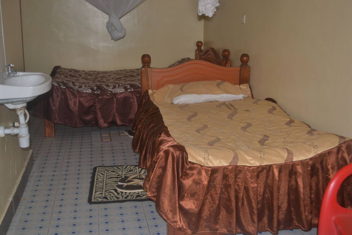A small, compact room with a single bed, a bedside table, a red chair, a sink, and a patterned rug.