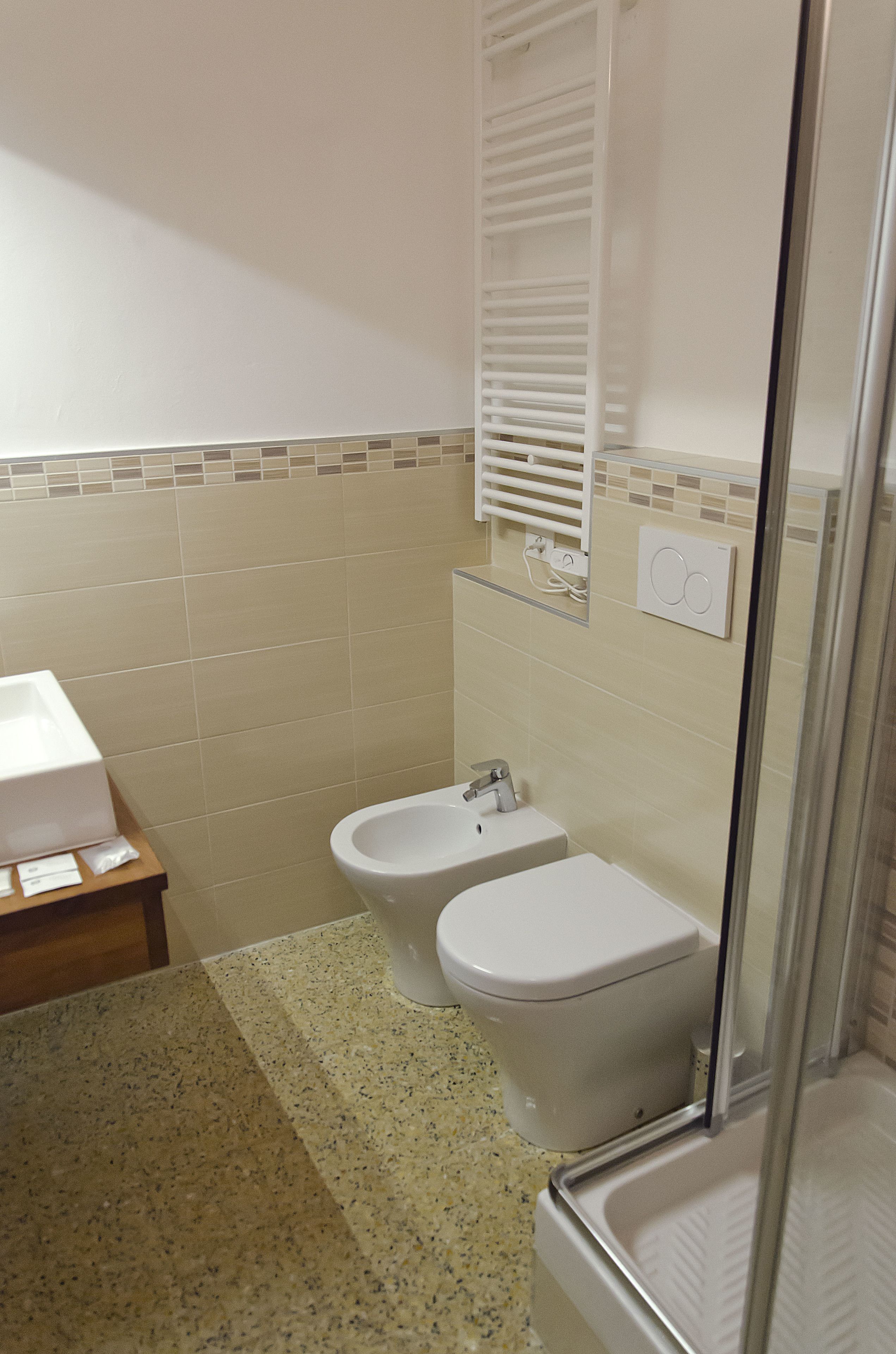 A bathroom with a toilet, bidet, and a glass shower enclosure.