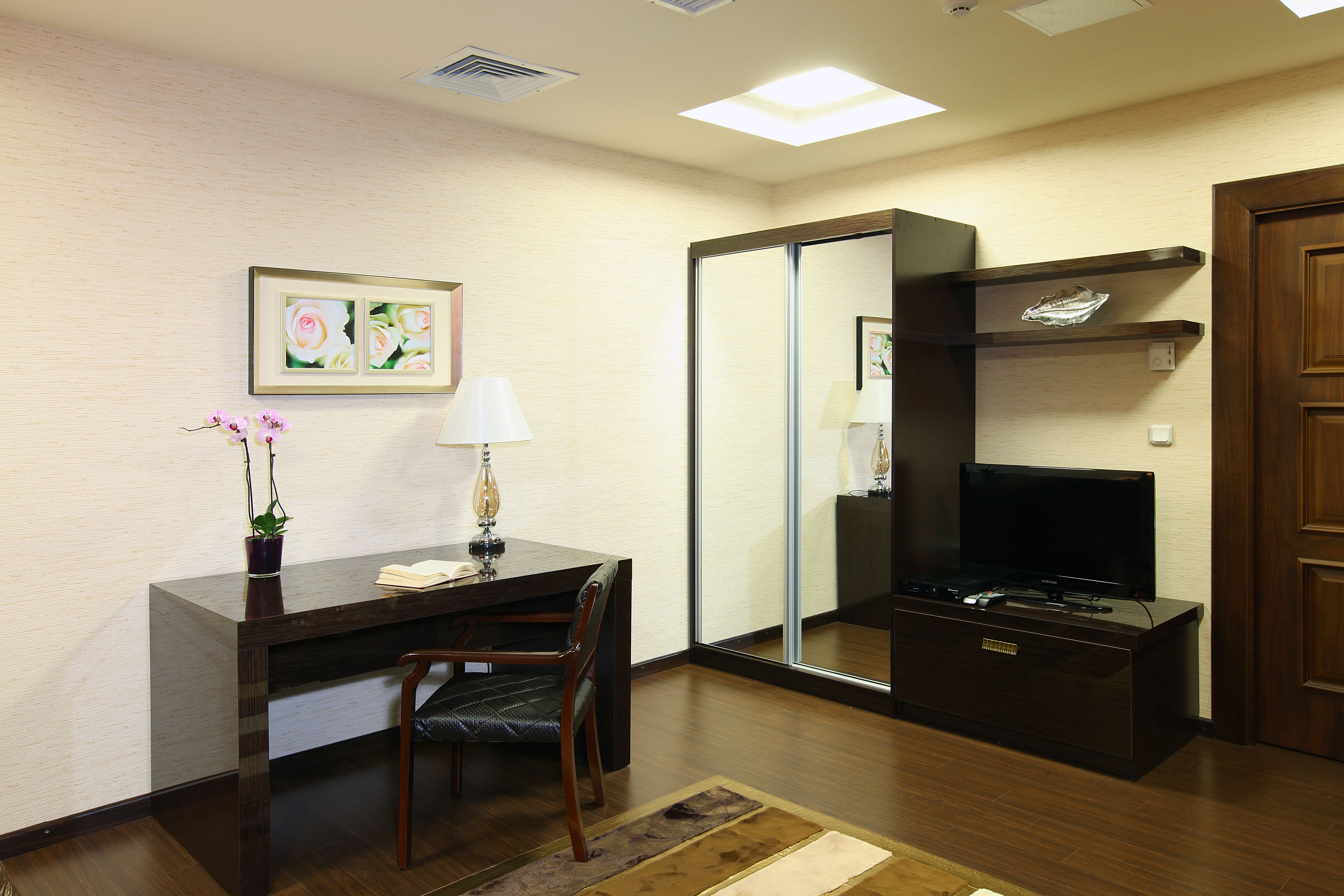 Habitación de hotel con un escritorio de madera, una silla, un televisor, un espejo y un cuadro en la pared.