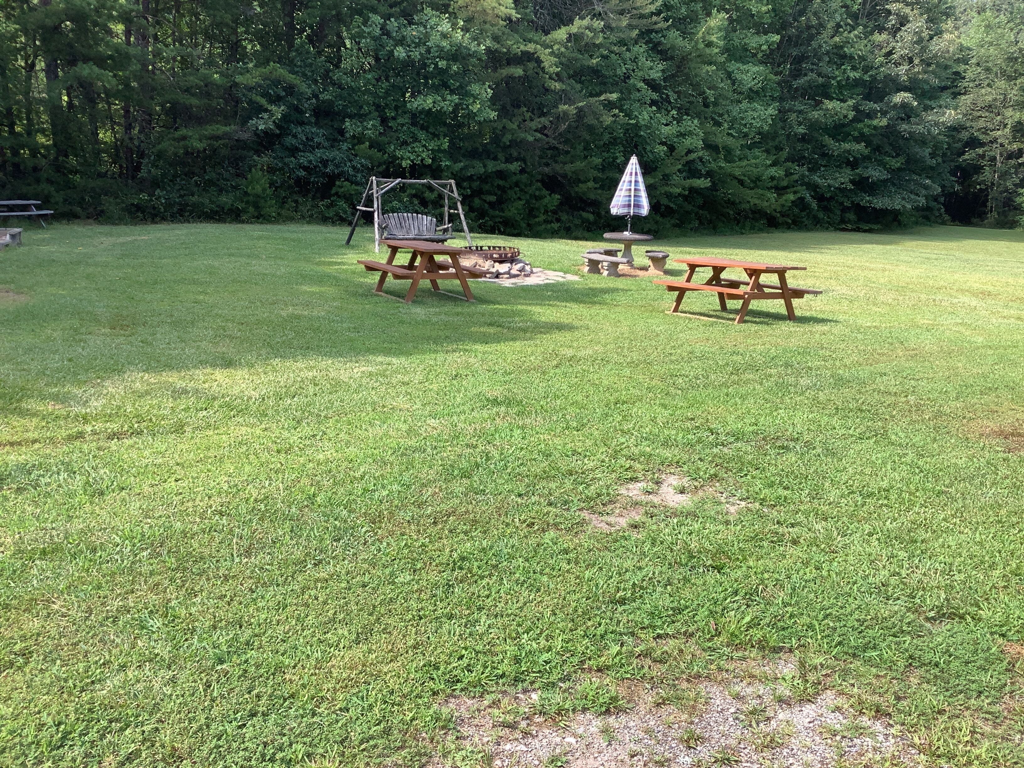 A grassy outdoor area with picnic tables and a swing set.
