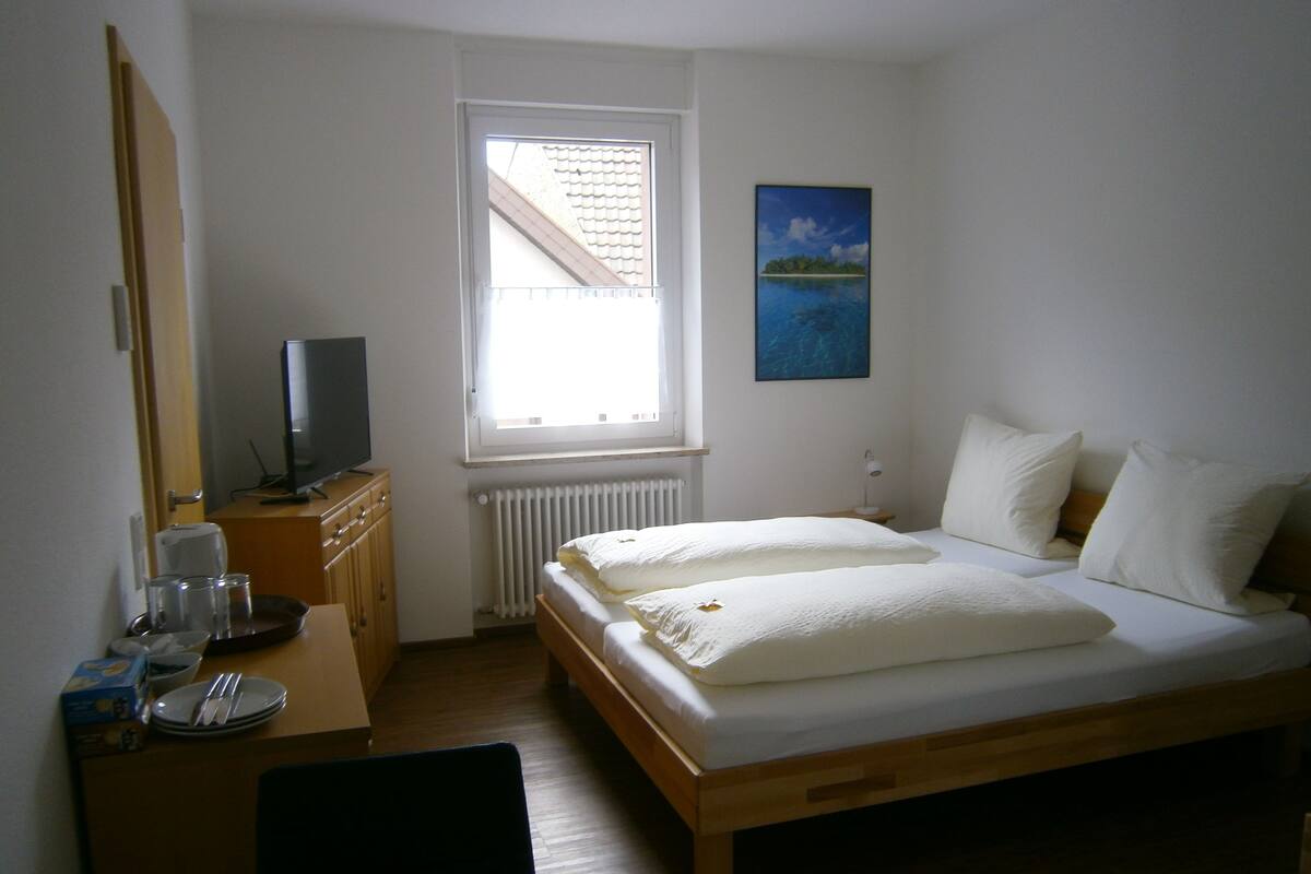 Een slaapkamer met een bed, een televisie, een raam en een schilderij.
