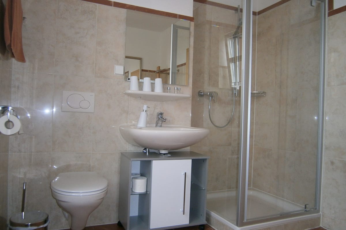 comfort triple room, non smoking, private bathroom | bathroom | rainfall showerhead, hair dryer, towels, soap
