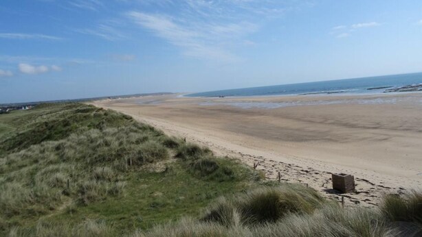 Ein Strand mit Dünen und blauem Himmel.