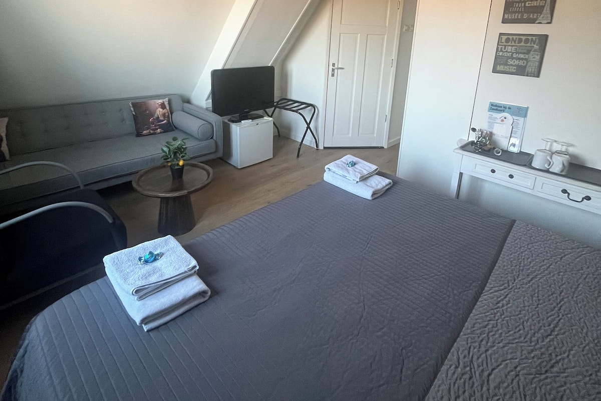 A compact, well-lit room with a bed, a sofa, a small table, and a TV. There are signs on the wall indicating the room is in New York, Paris, and London.