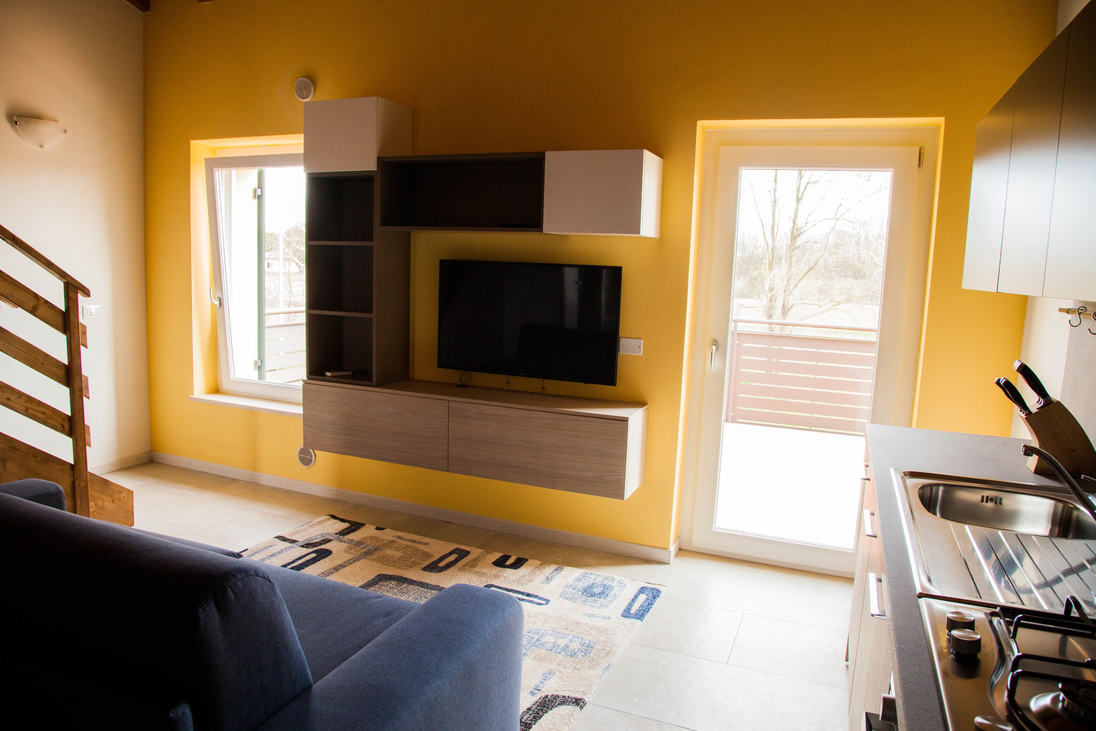 A compact living space with a sofa, a flat-screen TV mounted on a wall, a kitchen area with a stove, and a window providing natural light.