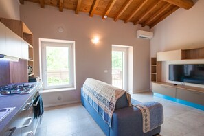 Appartement Confort, vue sur le parc | Aire de séjour | Téléviseur à écran plat de 49 po avec télévision numérique