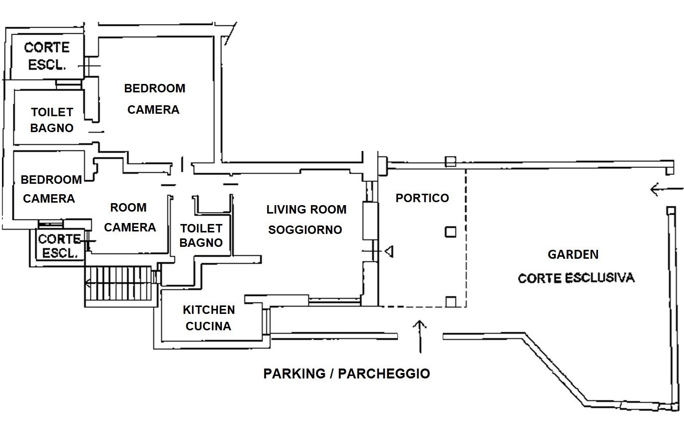 Un plan d’étage comprenant une chambre, une salle de bain, un coin cuisine, un salon, un porche et un jardin.