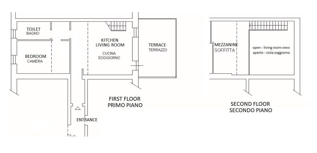 A floor plan of a hotel with a first floor bedroom, bathroom, kitchen, living room, terrace, and a mezzanine on the second floor.